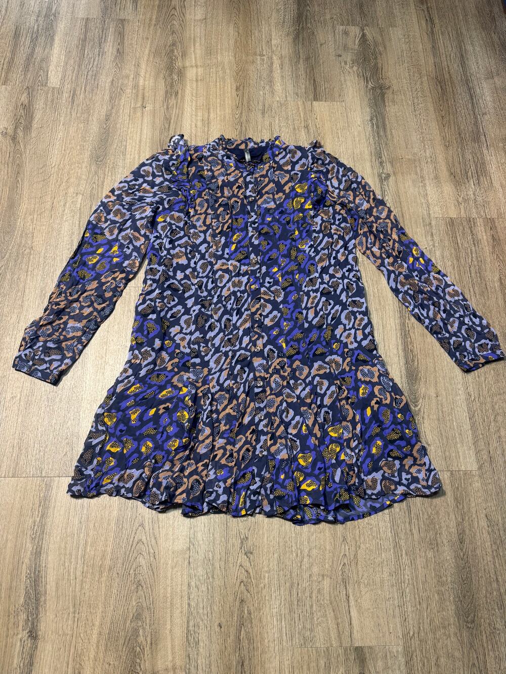 Anthropologie Women's Blue Leopard Print Long-Sleeve Tiered Hem Dress